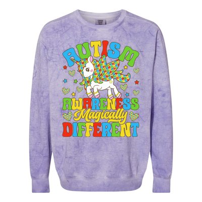 Magically Different Dabbing Unicorn Autism Awareness Puzzle Gift Colorblast Crewneck Sweatshirt