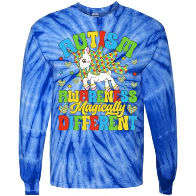 Magically Different Dabbing Unicorn Autism Awareness Puzzle Gift Tie-Dye Long Sleeve Shirt