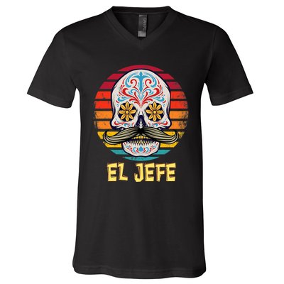 Mexican Dia De Los Muertos Day Of Dead El Jefe V-Neck T-Shirt