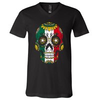 Mexican Dia De Los Muertos Day Costume Sugar Skull Flowers V-Neck T-Shirt