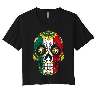 Mexican Dia De Los Muertos Day Costume Sugar Skull Flowers Women's Crop Top Tee