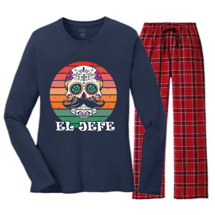 Mexican Dia De Los Muertos Day Of The Dead El Jefe Women's Long Sleeve Flannel Pajama Set 