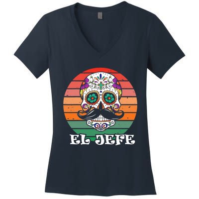 Mexican Dia De Los Muertos Day Of The Dead El Jefe Women's V-Neck T-Shirt