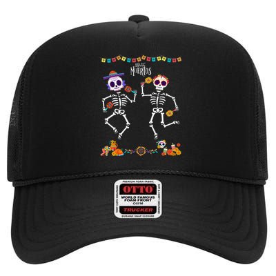 Mexican Dia De Los Muertos Day Of The Dead Skeleton Dancing High Crown Mesh Back Trucker Hat