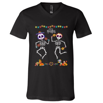 Mexican Dia De Los Muertos Day Of The Dead Skeleton Dancing V-Neck T-Shirt