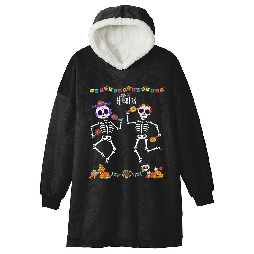 Mexican Dia De Los Muertos Day Of The Dead Skeleton Dancing Hooded Wearable Blanket