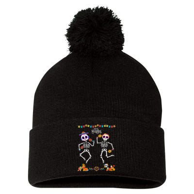 Mexican Dia De Los Muertos Day Of The Dead Skeleton Dancing Pom Pom 12in Knit Beanie