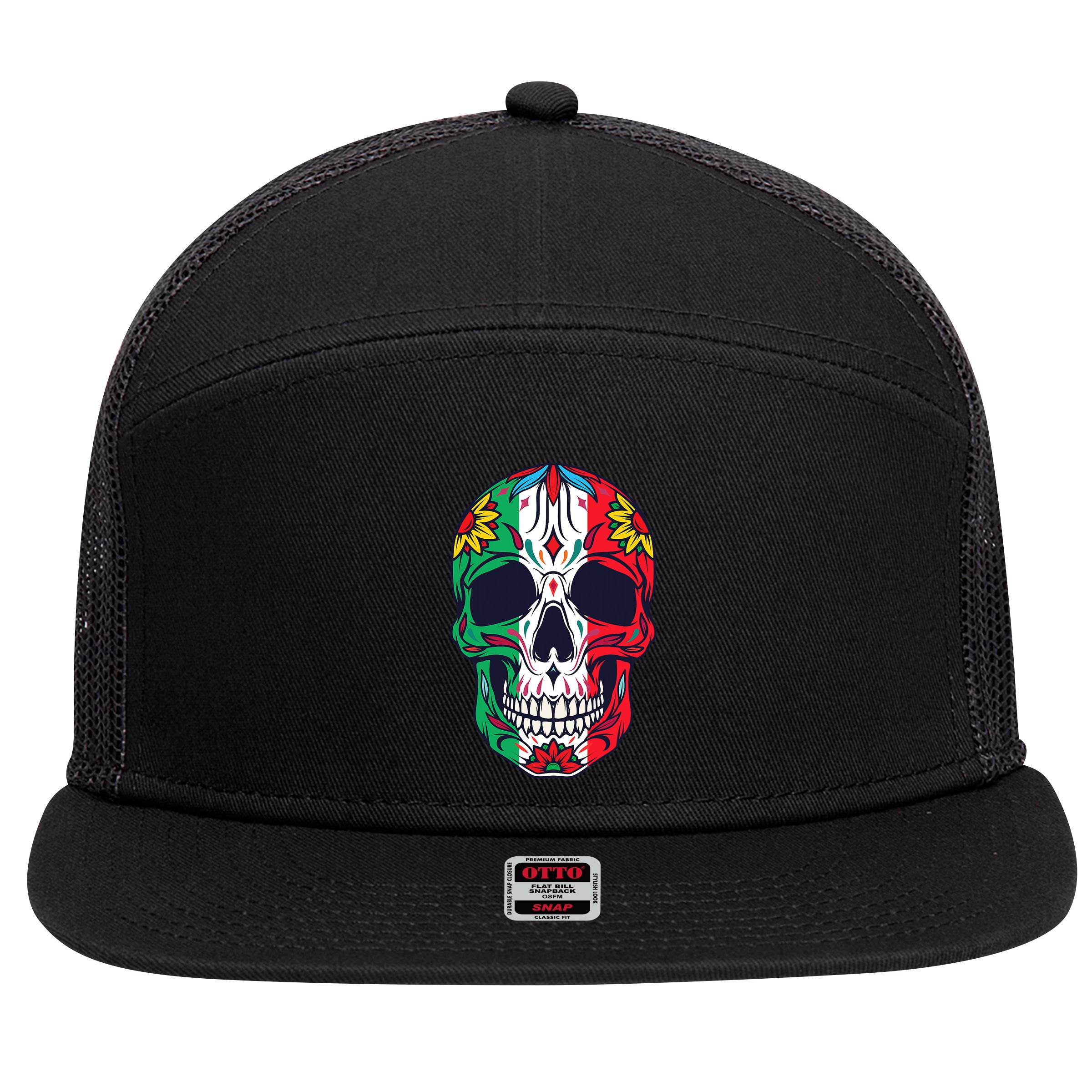 Mexican Dia De Los Muertos Day Of The Dead Sugar Skull 7 Panel Mesh Trucker Snapback Hat