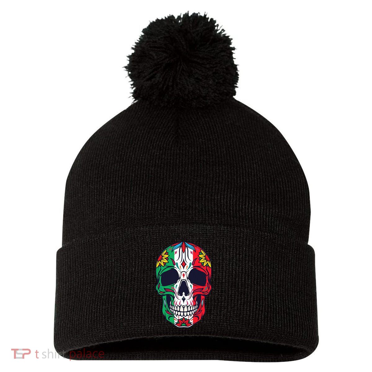 Mexican Dia De Los Muertos Day Of The Dead Sugar Skull Pom Pom 12in Knit Beanie