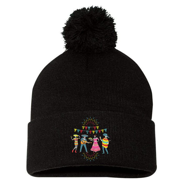 Mariachi Dia De Los Muertos Pom Pom 12in Knit Beanie