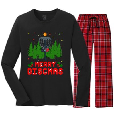 Merry Discmas Funny Christmas Xmas Frisbee Golfer Player Women's Long Sleeve Flannel Pajama Set 