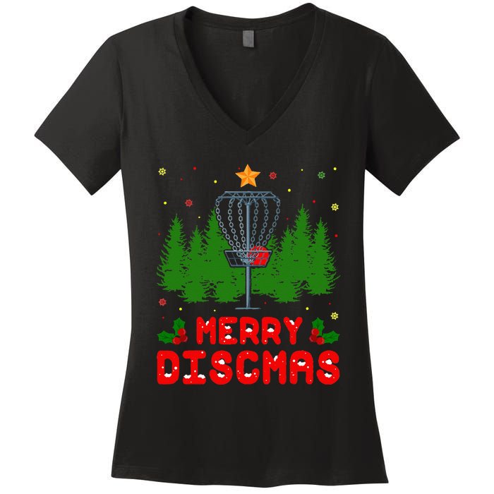 Merry Discmas Funny Christmas Xmas Frisbee Golfer Player Women's V-Neck T-Shirt