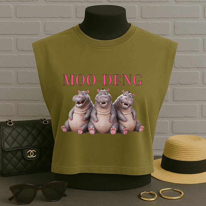 Moo Deng Funny Hippo Pygmy Hippopotamu Garment-Dyed Women's Muscle Tee