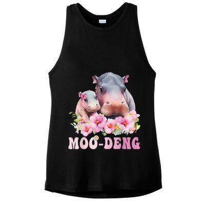 Moo Deng Floral Flower Pygmy Hippopotamus Ladies PosiCharge Tri-Blend Wicking Tank