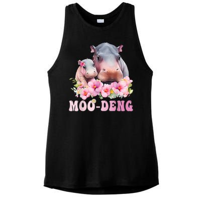 Moo Deng Floral Flower Pygmy Hippopotamus Ladies PosiCharge Tri-Blend Wicking Tank