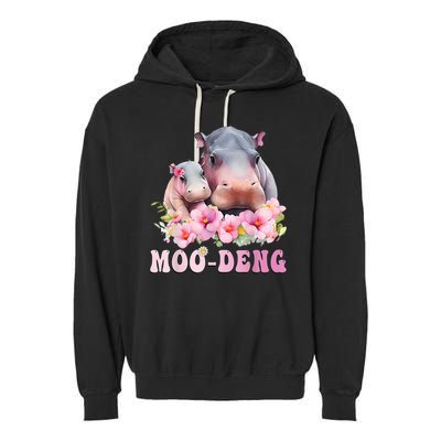 Moo Deng Floral Flower Pygmy Hippopotamus Garment-Dyed Fleece Hoodie