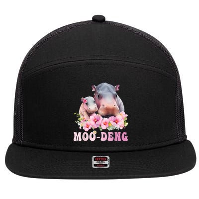 Moo Deng Floral Flower Pygmy Hippopotamus 7 Panel Mesh Trucker Snapback Hat