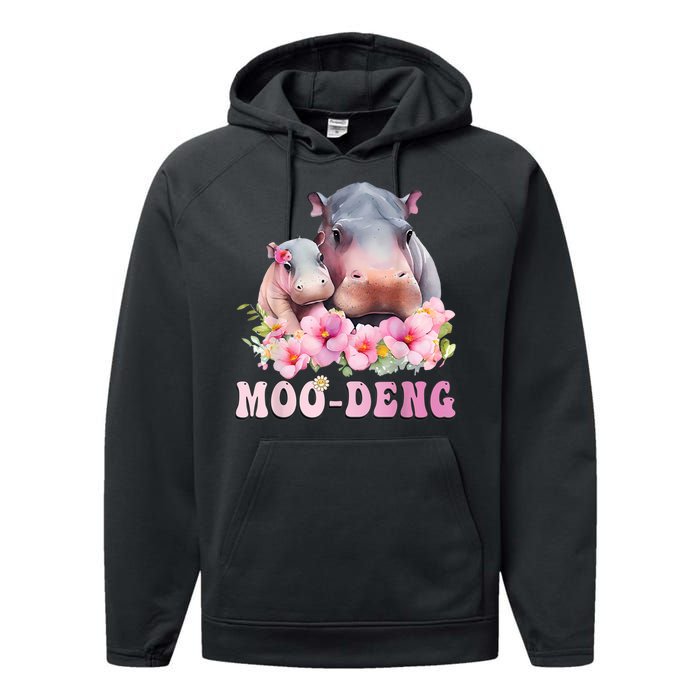 Moo Deng Floral Flower Pygmy Hippopotamus Performance Fleece Hoodie