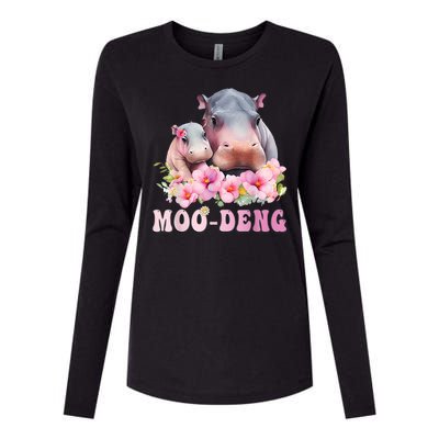 Moo Deng Floral Flower Pygmy Hippopotamus Womens Cotton Relaxed Long Sleeve T-Shirt