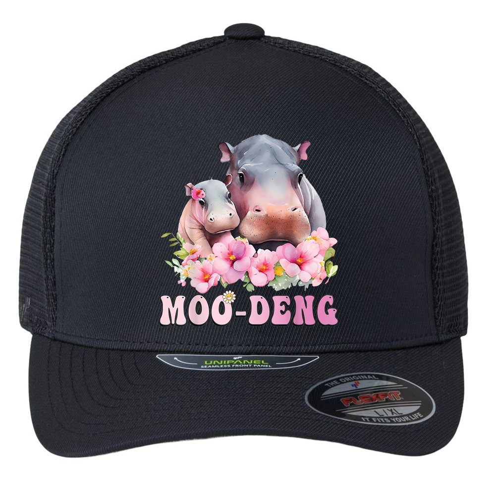 Moo Deng Floral Flower Pygmy Hippopotamus Flexfit Unipanel Trucker Cap