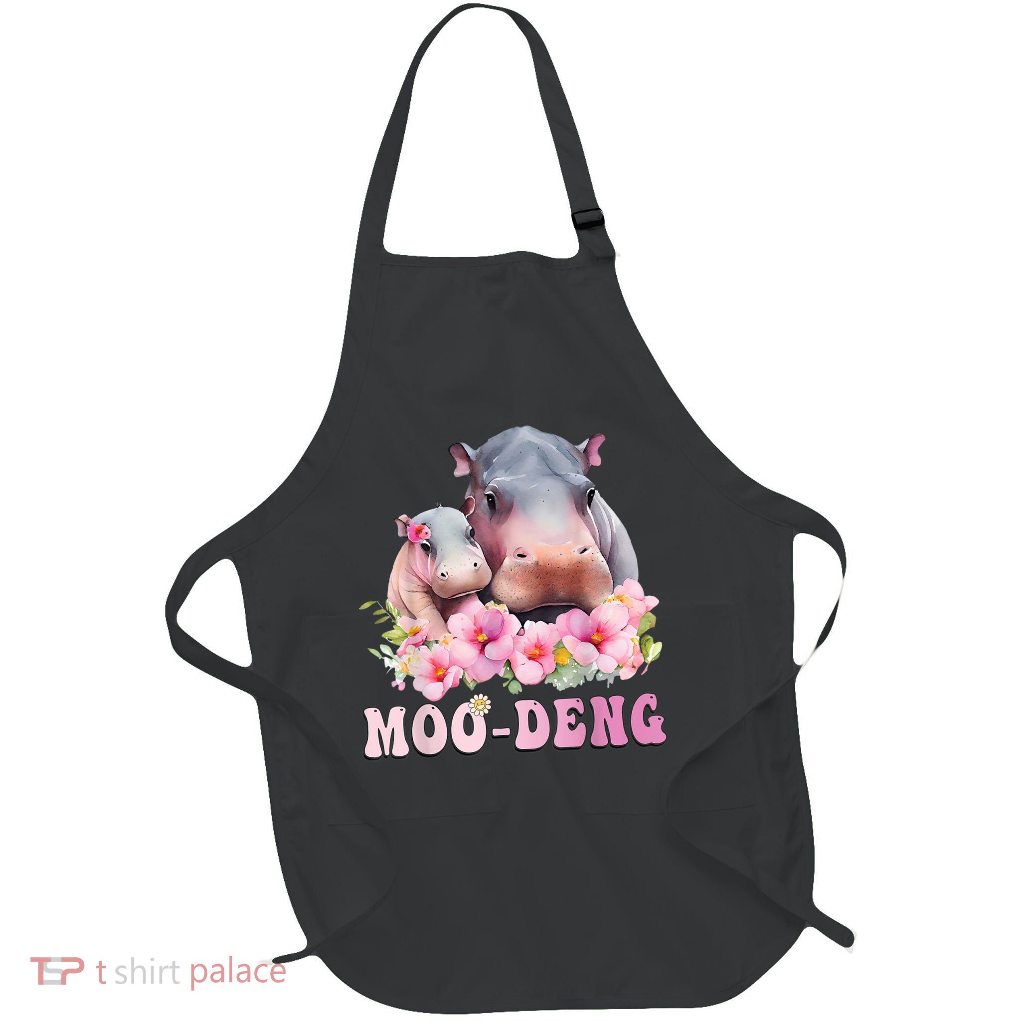 Moo Deng Floral Flower Pygmy Hippopotamus Full-Length Apron With Pockets