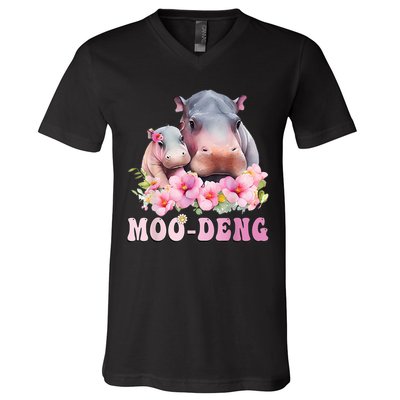 Moo Deng Floral Flower Pygmy Hippopotamus V-Neck T-Shirt