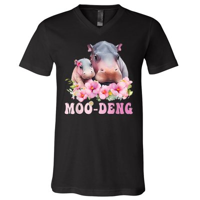 Moo Deng Floral Flower Pygmy Hippopotamus V-Neck T-Shirt