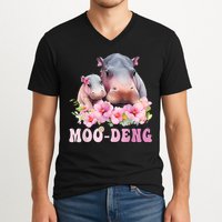 Moo Deng Floral Flower Pygmy Hippopotamus V-Neck T-Shirt