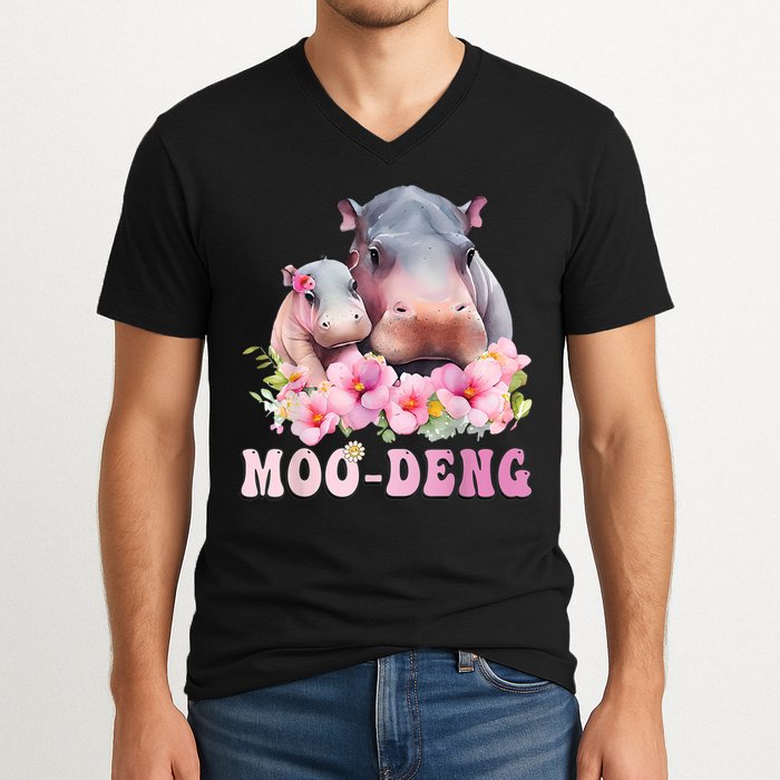 Moo Deng Floral Flower Pygmy Hippopotamus V-Neck T-Shirt