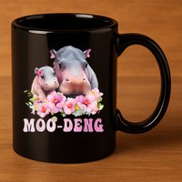 Moo Deng Floral Flower Pygmy Hippopotamus 11oz C Handle Ceramic Mug