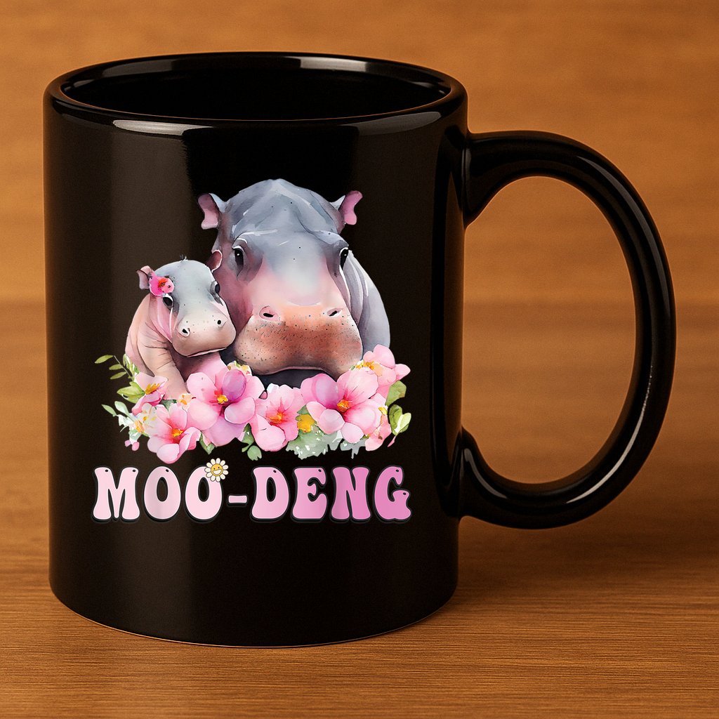 Moo Deng Floral Flower Pygmy Hippopotamus 11oz C Handle Ceramic Mug