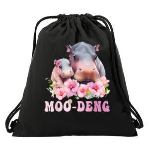 Moo Deng Floral Flower Pygmy Hippopotamus Drawstring Bag