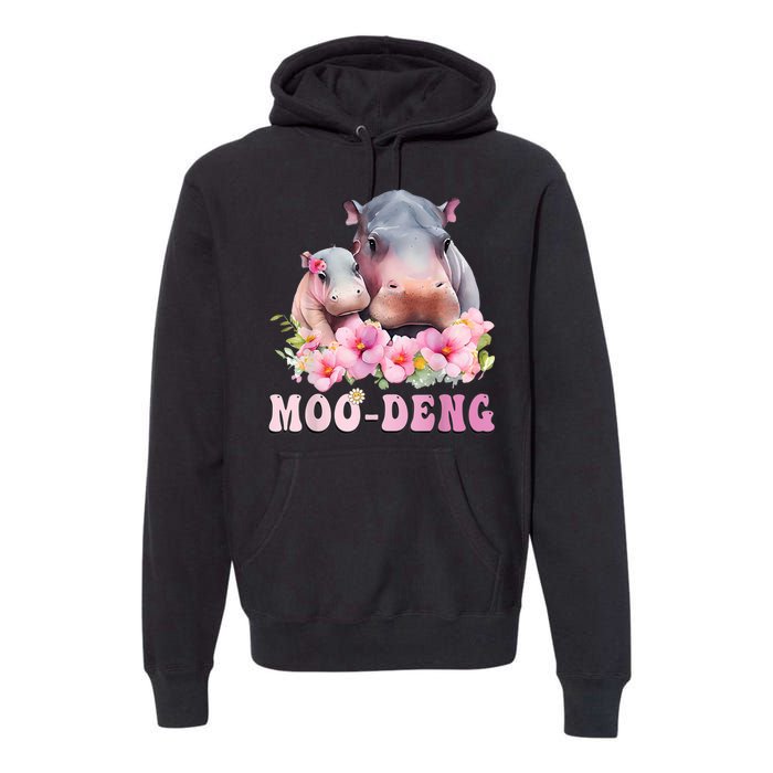 Moo Deng Floral Flower Pygmy Hippopotamus Premium Hoodie