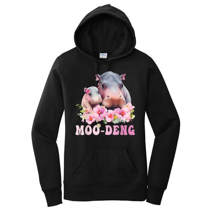 Moo Deng Floral Flower Pygmy Hippopotamus Women's Pullover Hoodie