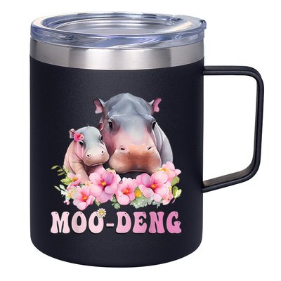 Moo Deng Floral Flower Pygmy Hippopotamus 12oz Stainless Steel Coffee Mug
