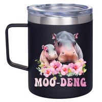 Moo Deng Floral Flower Pygmy Hippopotamus 12oz Stainless Steel Coffee Mug
