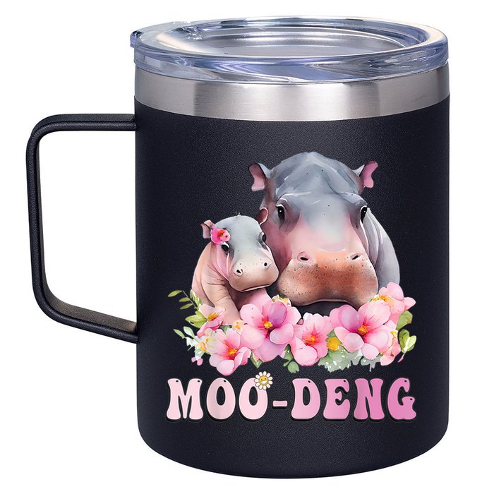 Moo Deng Floral Flower Pygmy Hippopotamus 12oz Stainless Steel Coffee Mug