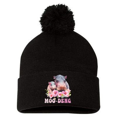 Moo Deng Floral Flower Pygmy Hippopotamus Pom Pom 12in Knit Beanie