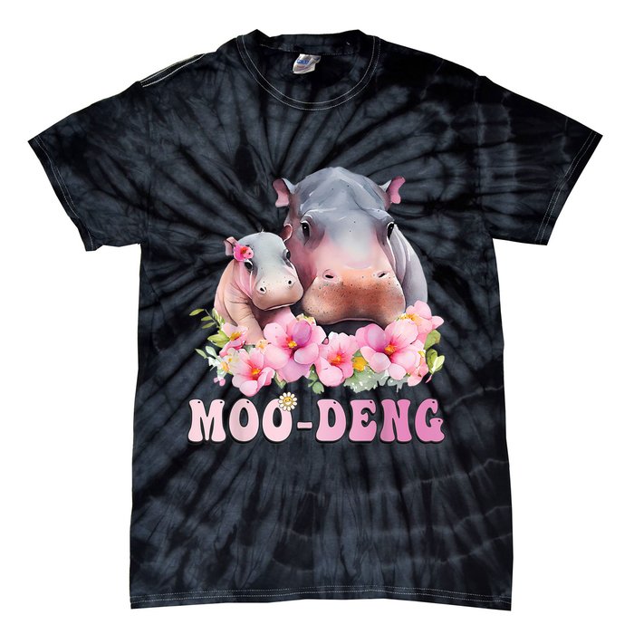 Moo Deng Floral Flower Pygmy Hippopotamus Tie-Dye T-Shirt