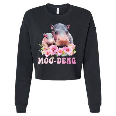 Moo Deng Floral Flower Pygmy Hippopotamus Cropped Pullover Crew