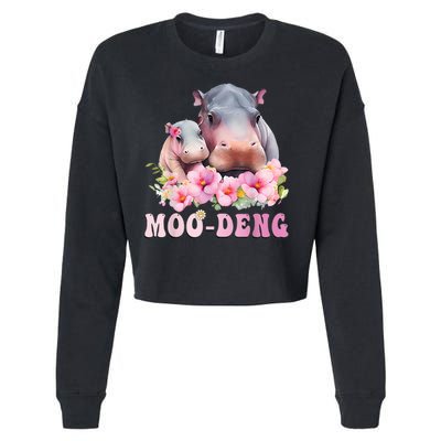 Moo Deng Floral Flower Pygmy Hippopotamus Cropped Pullover Crew