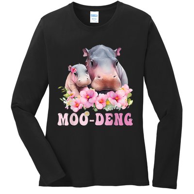 Moo Deng Floral Flower Pygmy Hippopotamus Ladies Long Sleeve Shirt