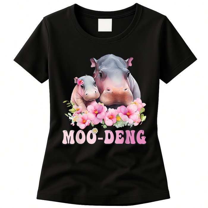 Moo Deng Floral Flower Pygmy Hippopotamus Womens T-Shirt