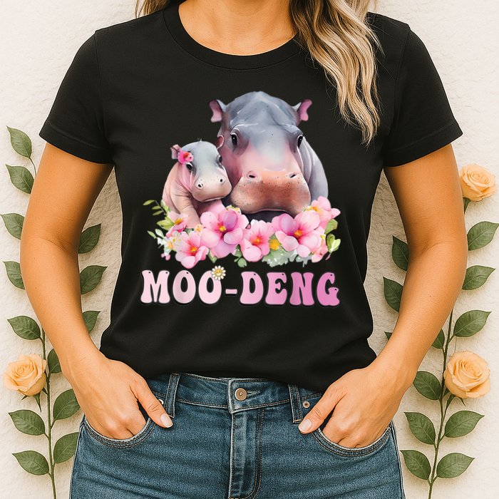 Moo Deng Floral Flower Pygmy Hippopotamus Womens T-Shirt