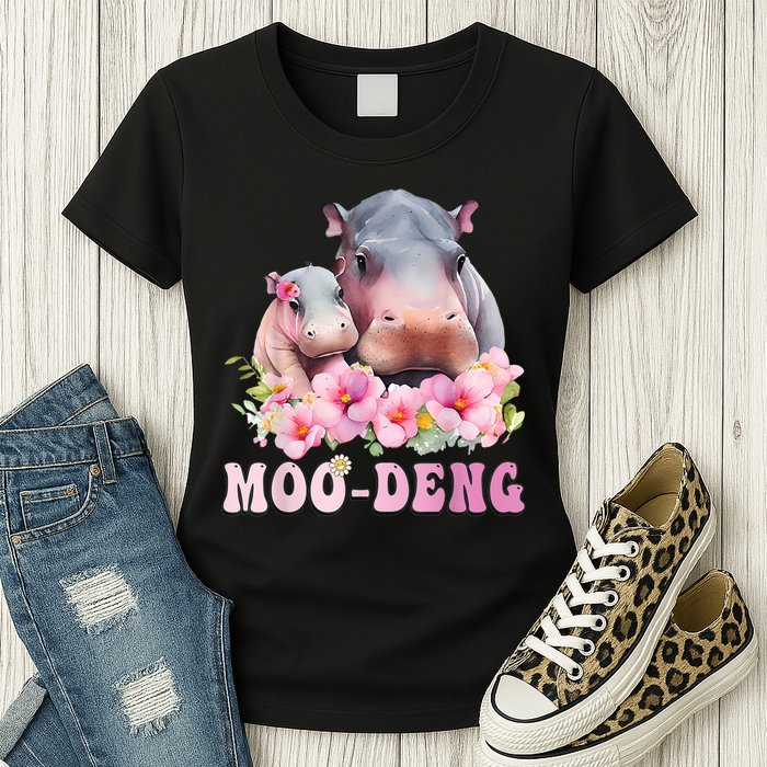 Moo Deng Floral Flower Pygmy Hippopotamus Womens T-Shirt