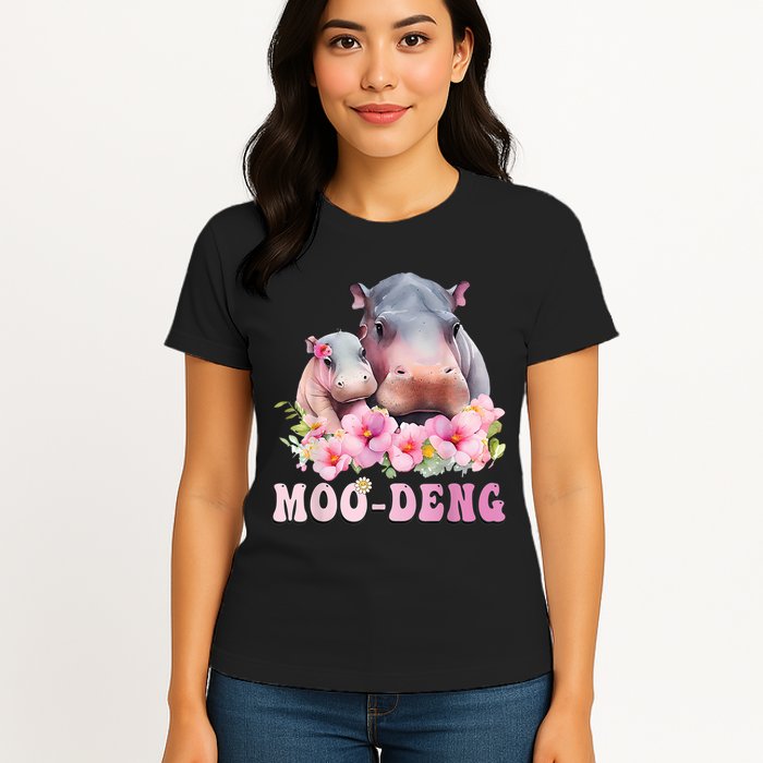 Moo Deng Floral Flower Pygmy Hippopotamus Womens T-Shirt