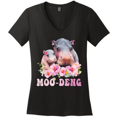 Moo Deng Floral Flower Pygmy Hippopotamus Women's V-Neck T-Shirt
