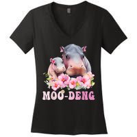 Moo Deng Floral Flower Pygmy Hippopotamus Women's V-Neck T-Shirt