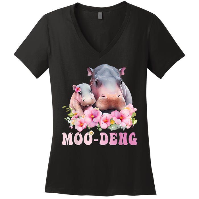 Moo Deng Floral Flower Pygmy Hippopotamus Women's V-Neck T-Shirt