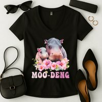 Moo Deng Floral Flower Pygmy Hippopotamus Women's V-Neck T-Shirt